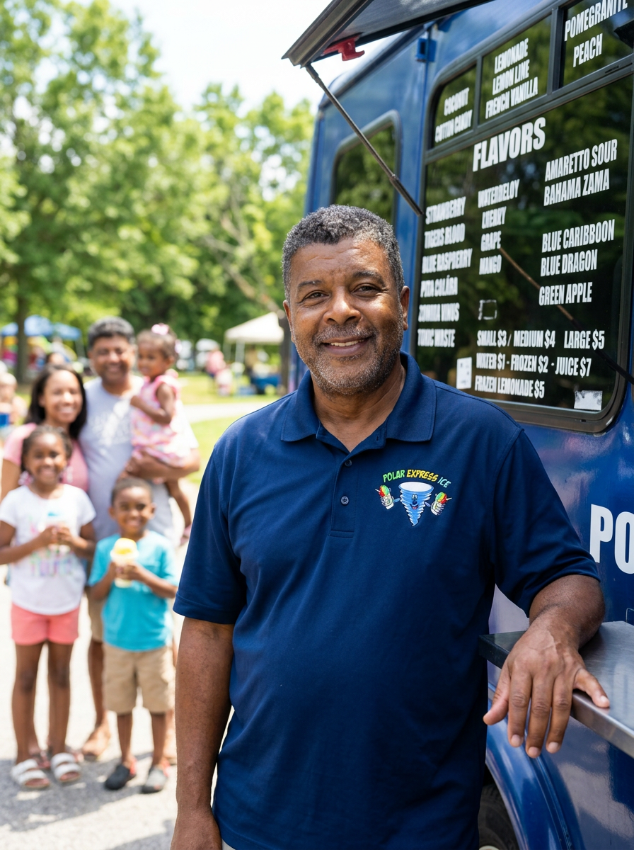 Keith Moore — The Icee Man — serving shaved ice at an Atlanta outdoor event